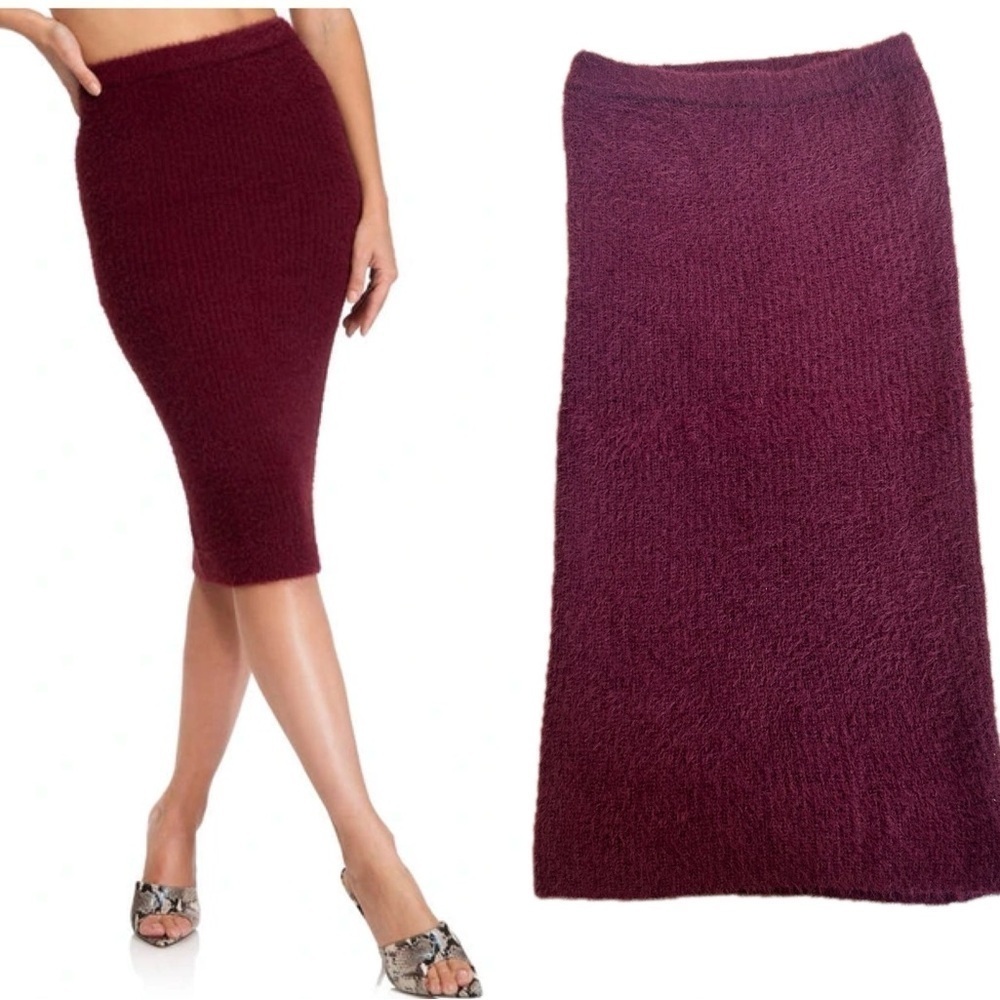 AFRM Burgundy Maroon Lolly Fuzzy Rib Sweater midi pencil Skirt In Port Royale S